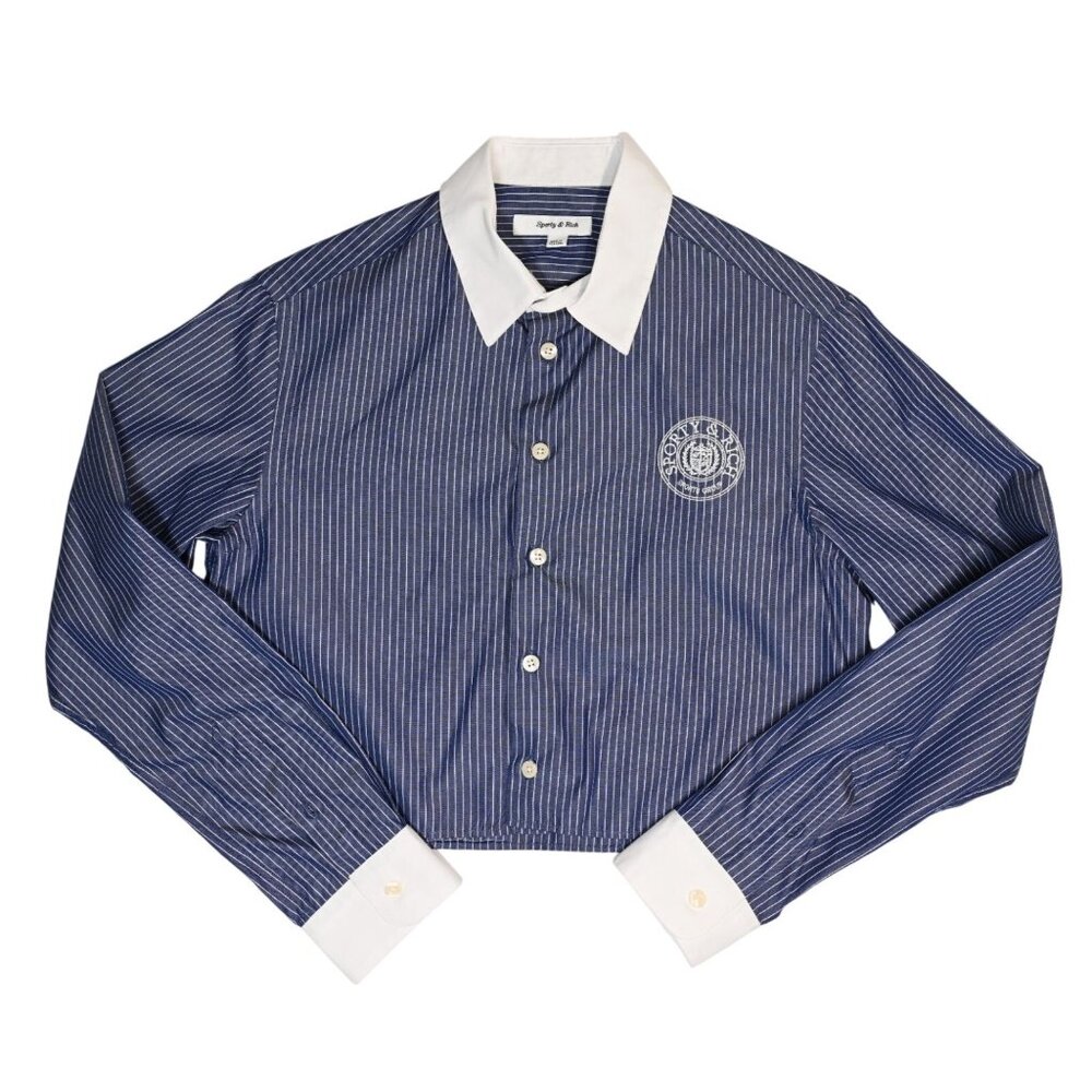 Sporty & Rich Connecticut Logo-Print Striped Shirt in Navy Blue Optical White